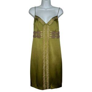 Vintage Nicole Miller Collection Satin Slip Dress Green Beaded Embroidery Silk 6